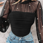 Pearls Decor Mock Neck Sheer Mesh Spliced Ruched Tee Hollow-out Back Slim Fit Textured Top