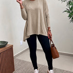 Women's Asymmetric Hem Long Sleeve Top Loose Fit Dropped Shoulder Crewneck Soft Slouchy Casual Tee