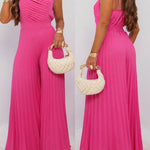 Women's Pleated Wide Leg Jumpsuit Spaghetti Strap High Waisted Shirred Backless Flared Overalls
