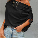 Skew Neck Drawstring Sleeve Loose Fit Casual Top
