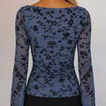 Women's Vintage Flocked Floral Mesh Top Boat Neck Ruched Flare Long Sleeve Tee