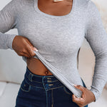 Built In Bra U Neck Tee High Stretchy Knit T-Shirt Long Sleeve Top