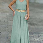2 Pieces Outfit V-Neck Shoulder Bowknot Design Sleeveless Tank Top and Casual Zipper Fly Elastic Back Waist Wide Leg Pants Set without Belt