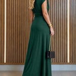 Women's Boat Neck Ruched Maxi Dress Gold Buckle Cap Sleeve Formal Evening Gown