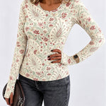 Women's Vintage Floral Print Long Sleeve Top Slim Fit Tee with Thumb Holes