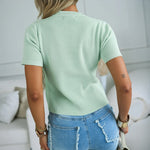 Women's Rib-Knit Short Sleeve Cardigan Gold Flower Button Round Neck Sweater Casual Top