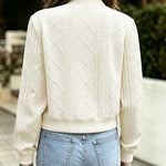 Women's Vintage Argyle Cable Knit Bomber Jacket Elegant Baseball Collar Button Down Cropped Coat with Flap Pockets