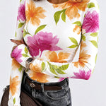 Women's Floral Print Long Sleeve Top Slim Fit Tee with Thumb Holes