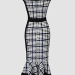 Women's Houndstooth Colorblock Off Shoulder Ruffle Hem Bodycon Dress