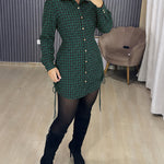 Women's Vintage Plaid Drawstring Long Sleeve Casual Dress Shirred Button Down Shirt Dress
