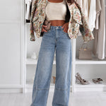 Women's High Waist Seam Detail Washed Wide Leg Cropped Jeans