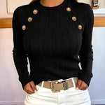 Women's Gold Button Crew Neck Textured Knit Long Sleeve Top