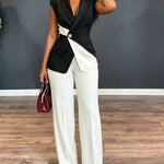 Women's Colorblock 2 Piece Suit Asymmetric Blazer Vest and High Waisted Straight Leg Pants Elegant Business Outfit