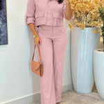 2 Pieces Outfit Turn-down Collar Turn-Up Sleeves Button Front Flap Pockets Design Top and Causal Zipper Fly Elastic Back Waist Wide Leg Pants Set