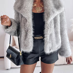 Turn-down Collar Long Sleeve Faux Fur Coat Jacket Casual Warm Fluffy Cropped Coat