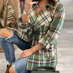 Women's Plaid Drawstring Waist Lapel Mid Length Coat Casual Roll Up Sleeve Jacket