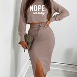 2 Pieces Outfit NOPE. not today Slogan Print Long Sleeve Stretchy Hem Crop Top and High Waist Drawstring Elastic Waist Slit Casual Skirt Set