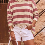 Women's Striped T Shirt Long Sleeve Drop Shoulder Crewneck Tee Side Slit Casual Loose Fit Top