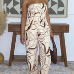 Women's Abstract Print Two Piece Outfits Tube Top and High Waist Wide Leg Pants Set with Detachable Clear Straps