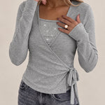 Women's Rhinestone Faux Two-Piece Long Sleeve Wrap Top with Side Tie