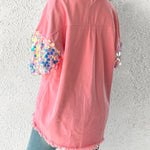 Contrast Sequin Long Sleeve Jacket Top Button Front Raw Hem Loose Fit Shacket