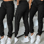 Zipper Fly Drawstring Elastic Back Waist Cuffed Trousers Casual Multiple Flap Pockets Design Cargo Pants