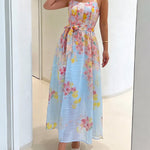 CHICME Women's Watercolor Floral Cami Dress Adjustable Straps High Waist A-Line Maxi Dress with Matching Belt