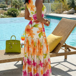 Women's Watercolor Floral Mesh Ruched Maxi Dress Sleeveless Flowy Vacation Dress