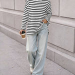 Women's Striped Textured Knit Long Sleeve T-Shirt Casual Side Slit Loose Fit Top