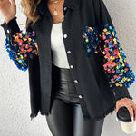 Contrast Sequin Long Sleeve Jacket Top Button Front Raw Hem Loose Fit Shacket