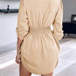 Turn-down Collar Roll Up Sleeve Button Down Shirt Dress Casual Shirred Back Side Drawstring Mini Dress