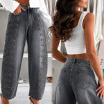 Women's Barrel Jeans High Waisted Side Button Denim Pants Distressed Washed Baggy Trousers Retro Y2K Streetwear