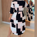 Women's Colorblock Geometric Shirt Dress Casual Three-Quarter Sleeves Asymmetrical Hem Commuting Dress with Belt
