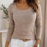 Women's Square Neck Long Sleeve Top Rhinestone Ribbed Knit Shirt Slim Fit Casual Sparkly Tee