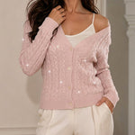 Women's Sequin Cable Knit Cardigan V Neck Button Down Slim Fit Long Sleeve Sweater