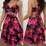 Women's Vintage Floral Print Mini Dress Sexy Sweetheart Neck Cut Out Sundress Backless Ruched A-Line Vacation Dress