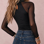 Women's Rhinestone Mesh Long Sleeve Top Mock Neck Sparkle Slim Fit Tee