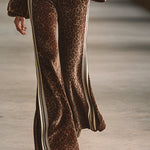 Retro Sporty Brown Leopard Print Lapel Front Zip-up Top And Flared Pants Velvet Set