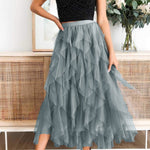 Fashionable solid color puffy mesh high waist slimming skirt