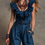 Boho-Vintage Elegant Tencel Faux-Denim Ruffle Jumpsuit
