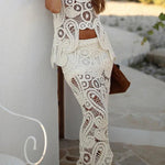 Summer Getaway Look Crochet Lace Elastic Waist Irregular Hem Maxi Skirt