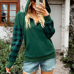 Plaid Hooded Drawstring Splicing Sweatshirt Tops