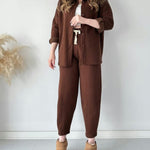 Simple Casual Two-Piece Set with Fleece Inside Lapel-Neck Shirt+Wide-leg Pants