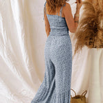 Dusk Blue Floral Print Thin Straps Smocked Wide Leg Jumpsuit