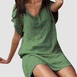 Loose Leisure V-Collar Short Sleeve Summer Cotton Linen Dresses