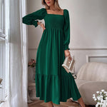 Solid Color Long Sleeve Dress Square Neck Lotus Leaf Maxi Dress