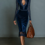 Women's Fashionable And Elegant Dark Blue Velvet Slim-fit V-neck Midi Dress With Lace Trim At The Neckline And Sleeves