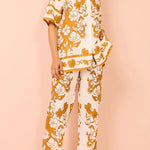 Floral Print Casual Short Sleeve Shirt Top and Elastic Waist Loose Pocket Pants Set