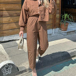 Solid Color Long Sleeve Crop Top with Pockets and High Waisted Nine-Quarter Pants Two-Piece Set