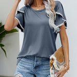 Pom-Pom Trim Flutter Sleeve Round Neck Tee Casual Blouses Tops